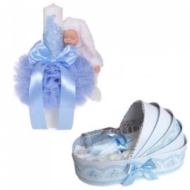 Lumanare botez glob iepuras pufos si trusou botez in landou, decor bleu,