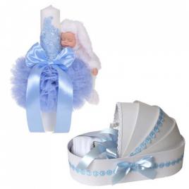 Lumanare botez glob iepuras pufos si trusou botez in landou, decor bleu cu