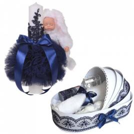 Lumanare botez glob iepuras pufos si trusou botez in landou, decor bleumarin,