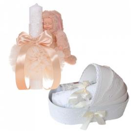 Lumanare botez glob iepuras pufos si trusou botez in landou, decor ivoire,