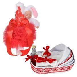 Lumanare botez glob iepuras pufos si trusou botez in landou, decor rosu,