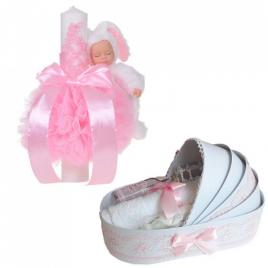 Lumanare botez glob iepuras pufos si trusou botez in landou, decor roz,