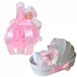 Lumanare botez glob iepuras pufos si trusou botez in landou, decor roz cu