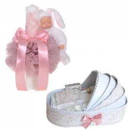 Lumanare botez glob iepuras pufos si trusou botez in landou, decor roz pudra,
