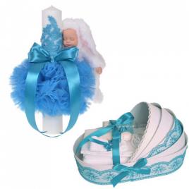 Lumanare botez glob iepuras pufos si trusou botez in landou, decor turcoaz,