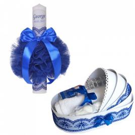 Lumanare botez personalizata si trusou botez in landou, decor albastru,