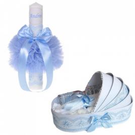 Lumanare botez personalizata si trusou botez in landou, decor bleu, denikos® 778