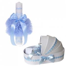 Lumanare botez personalizata si trusou botez in landou, decor bleu cu