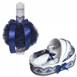 Lumanare botez personalizata si trusou botez in landou, decor bleumarin,