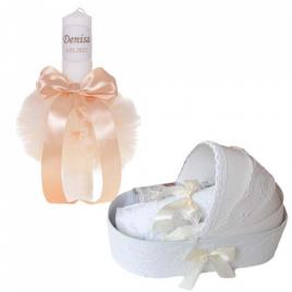 Lumanare botez personalizata si trusou botez in landou, decor ivoire, denikos®