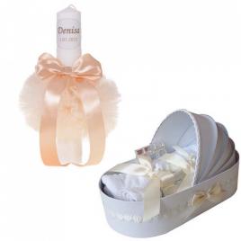 Lumanare botez personalizata si trusou botez in landou, decor ivoire cu