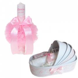 Lumanare botez personalizata si trusou botez in landou, decor roz, denikos® 782