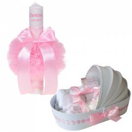 Lumanare botez personalizata si trusou botez in landou, decor roz cu floricele,