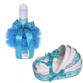 Lumanare botez personalizata si trusou botez in landou, decor turcoaz, denikos®