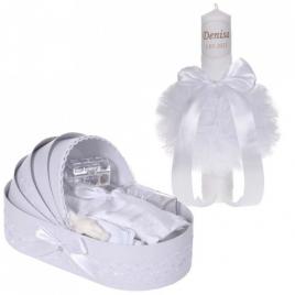 Lumanare botez personalizata si trusou botez in landou, decor dantela alba,