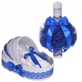 Lumanare botez personalizata si trusou botez in landou, decor dantela albastra,