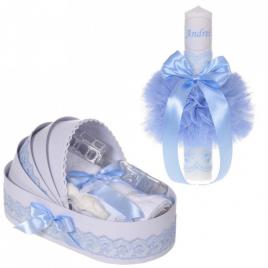 Lumanare botez personalizata si trusou botez in landou, decor dantela bleu,
