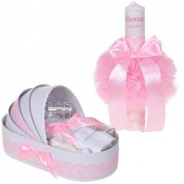 Lumanare botez personalizata si trusou botez in landou, decor dantela roz,