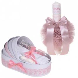 Lumanare botez personalizata si trusou botez in landou, decor dantela roz