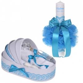Lumanare botez personalizata si trusou botez in landou, decor dantela turcoaz,