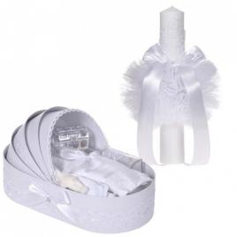 Set elegant lumanare botez si trusou botez in landou, decor dantela alba,