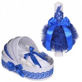 Set elegant lumanare botez si trusou botez in landou, decor dantela albastra,