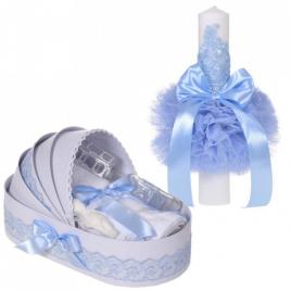 Set elegant lumanare botez si trusou botez in landou, decor dantela bleu,