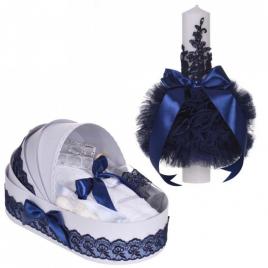 Set elegant lumanare botez si trusou botez in landou, decor dantela bleumarin,