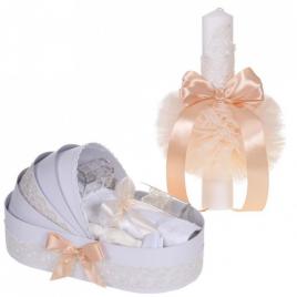 Set elegant lumanare botez si trusou botez in landou, decor dantela crem,