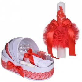 Set elegant lumanare botez si trusou botez in landou, decor dantela rosie,