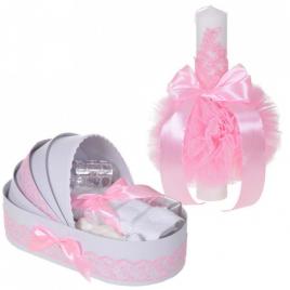 Set elegant lumanare botez si trusou botez in landou, decor dantela roz,