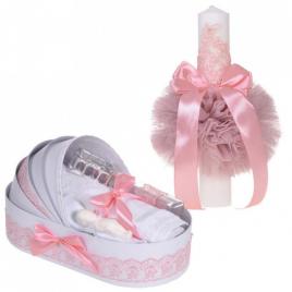 Set elegant lumanare botez si trusou botez in landou, decor dantela roz pudra,