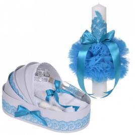 Set elegant lumanare botez si trusou botez in landou, decor dantela turcoaz,