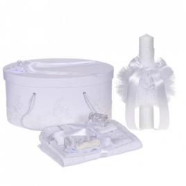 Set elegant trusou botez, cutie trusou si lumanare, decor dantela alba diafana,