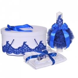 Set elegant trusou botez, cutie trusou si lumanare, decor dantela albastra