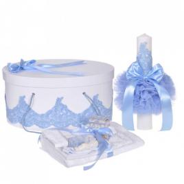 Set elegant trusou botez, cutie trusou si lumanare, decor dantela bleu diafana,