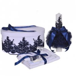 Set elegant trusou botez, cutie trusou si lumanare, decor dantela bleumarin