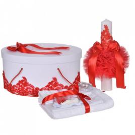 Set elegant trusou botez, cutie trusou si lumanare, decor dantela rosie