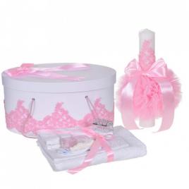 Set elegant trusou botez, cutie trusou si lumanare, decor dantela roz diafana,