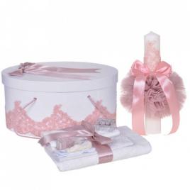 Set elegant trusou botez, cutie trusou si lumanare, decor dantela roz pudra