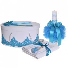 Set elegant trusou botez, cutie trusou si lumanare personalizata cu nume, decor