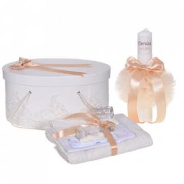 Set elegant trusou botez, cutie trusou si lumanare personalizata cu nume, decor