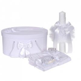 Set trusou botez, cutie trusou si lumanare, decor elegant dantela alba,
