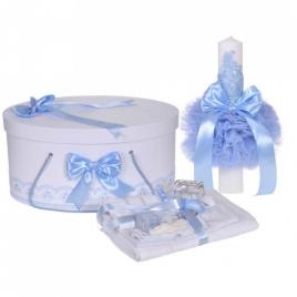 Set trusou botez, cutie trusou si lumanare, decor elegant dantela bleu,