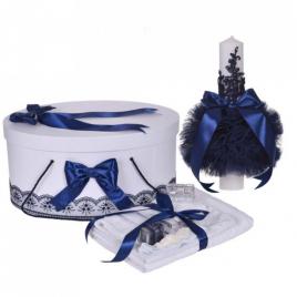 Set trusou botez, cutie trusou si lumanare, decor elegant dantela bleumarin,