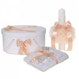 Set trusou botez, cutie trusou si lumanare, decor elegant dantela crem,