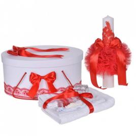 Set trusou botez, cutie trusou si lumanare, decor elegant dantela rosie,