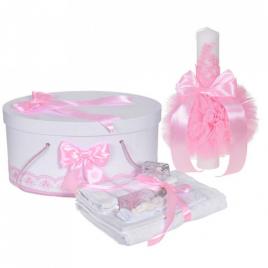 Set trusou botez, cutie trusou si lumanare, decor elegant dantela roz, denikos®