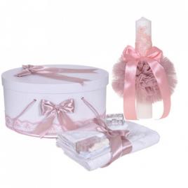 Set trusou botez, cutie trusou si lumanare, decor elegant dantela roz pudra,