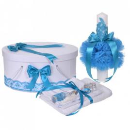 Set trusou botez, cutie trusou si lumanare, decor elegant dantela turcoaz,